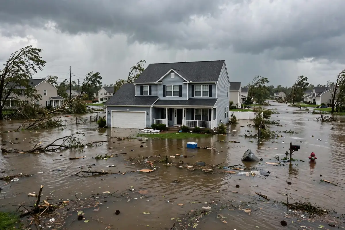 Naperville water damage restoration: suburban home surrounded by floodwater