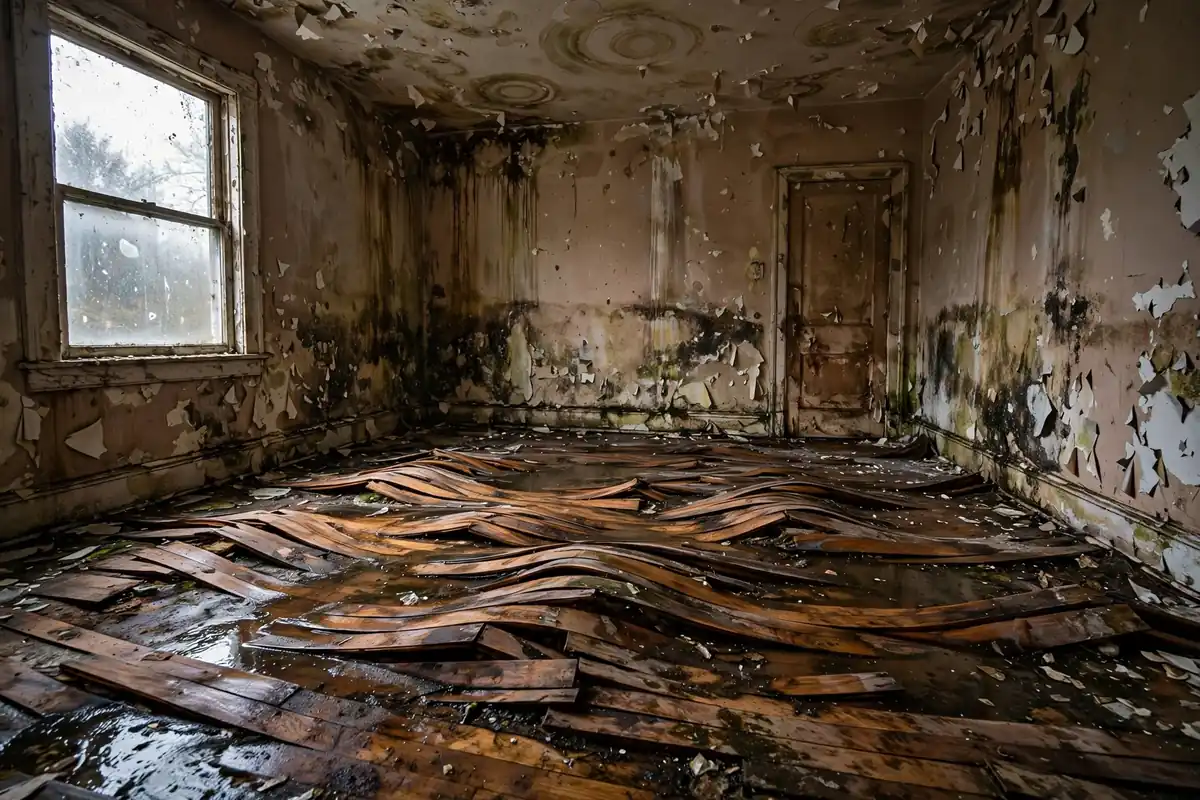 Elmwood Park water damage restoration: room with buckled flooring after water damage