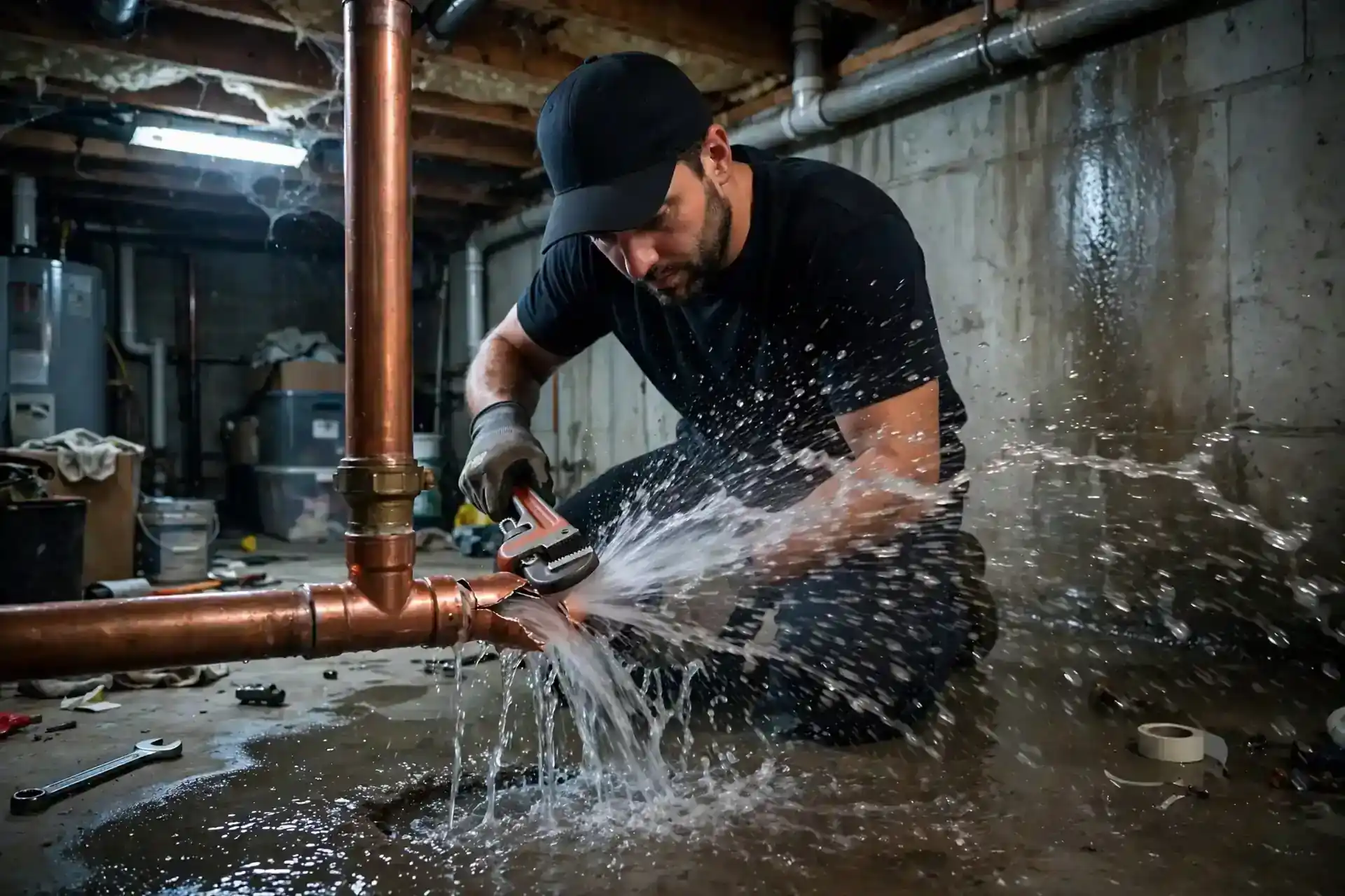 Morris water damage restoration: technician repairing a burst pipe