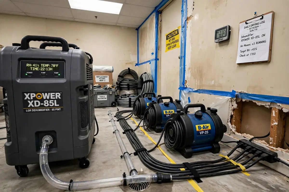 Springfield water damage restoration: dehumidifier and air movers drying a room