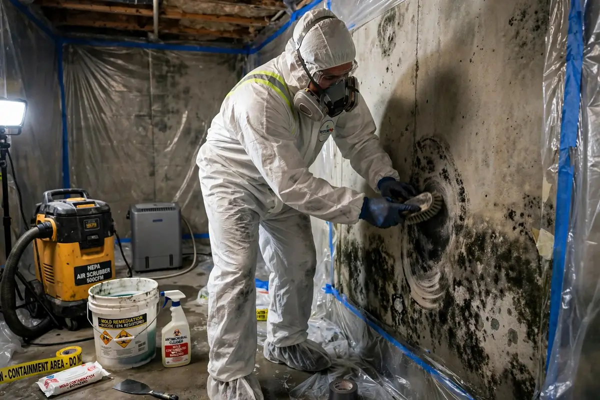 Wood Dale water damage restoration: technician in protective gear removing mold
