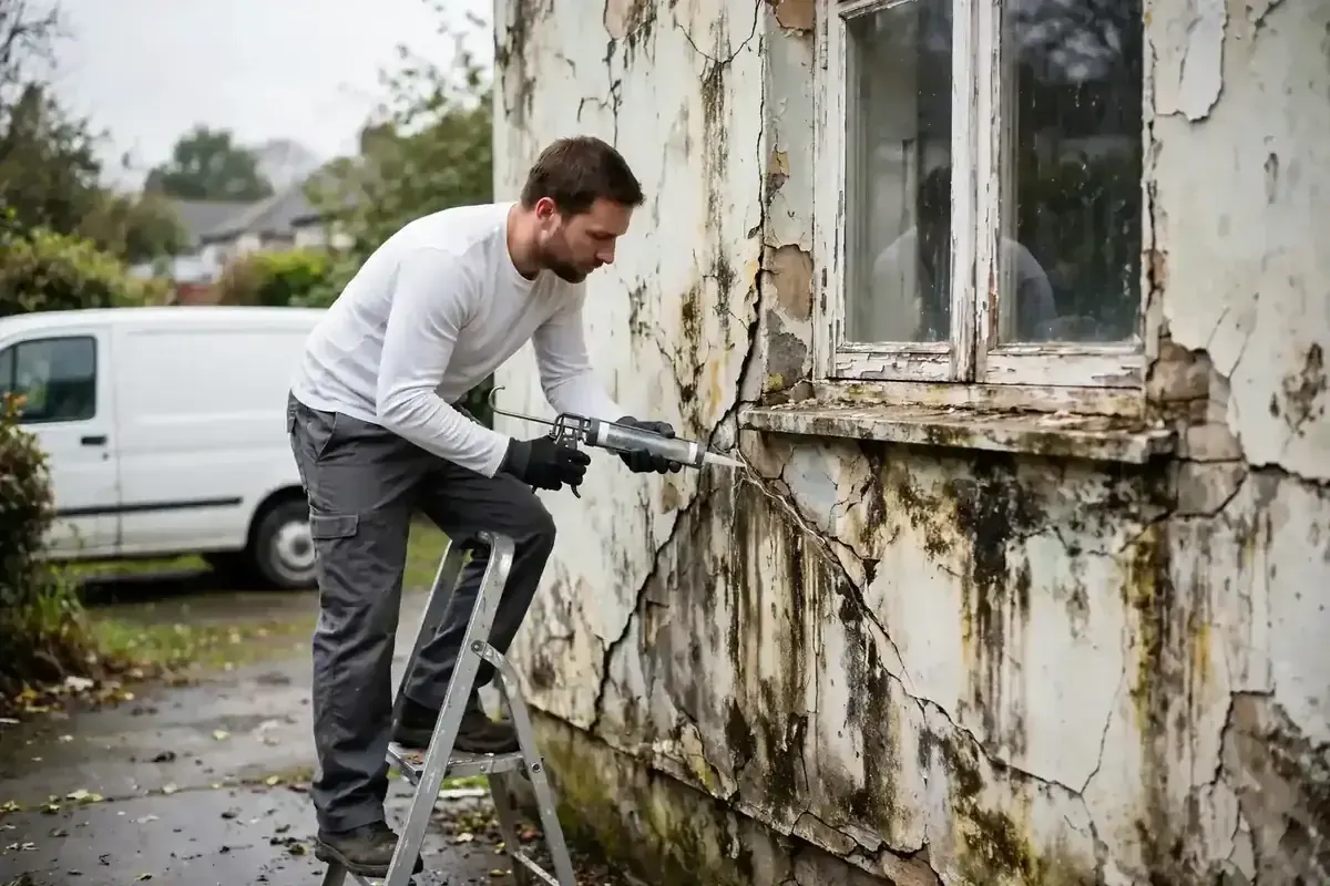 Aurora water damage restoration: technician inspecting water damage on an exterior wall