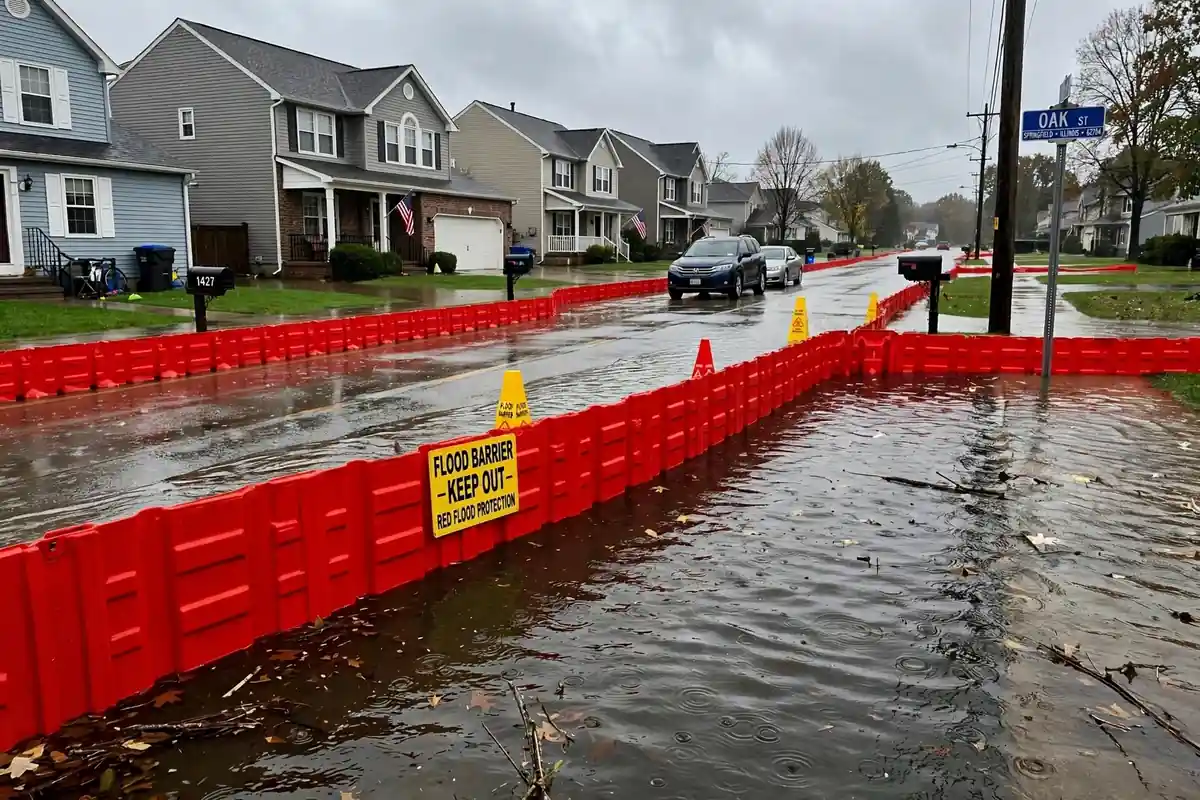 Joliet water damage restoration: flood barrier protecting a residential street
