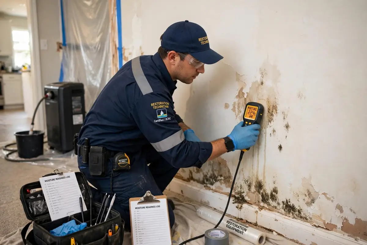 Mount Prospect water damage restoration: technician measuring moisture in a wall
