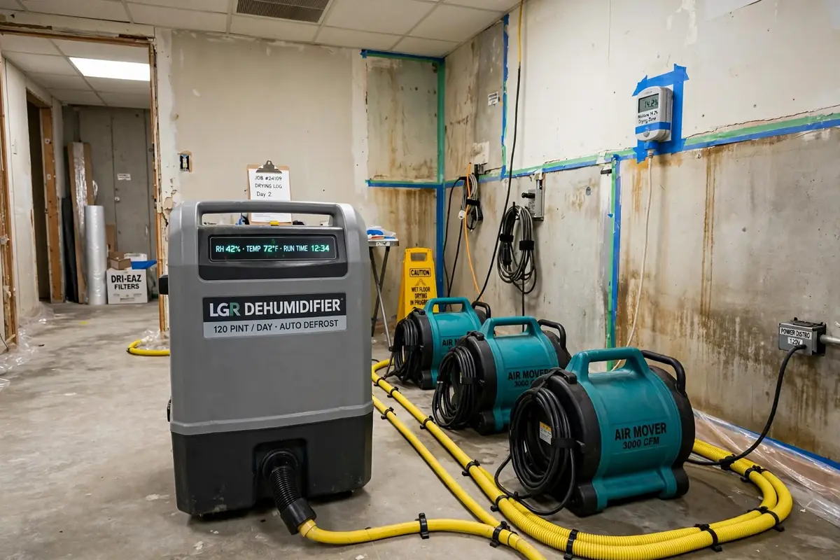 Olney water damage restoration: dehumidifier and air movers in a gutted room
