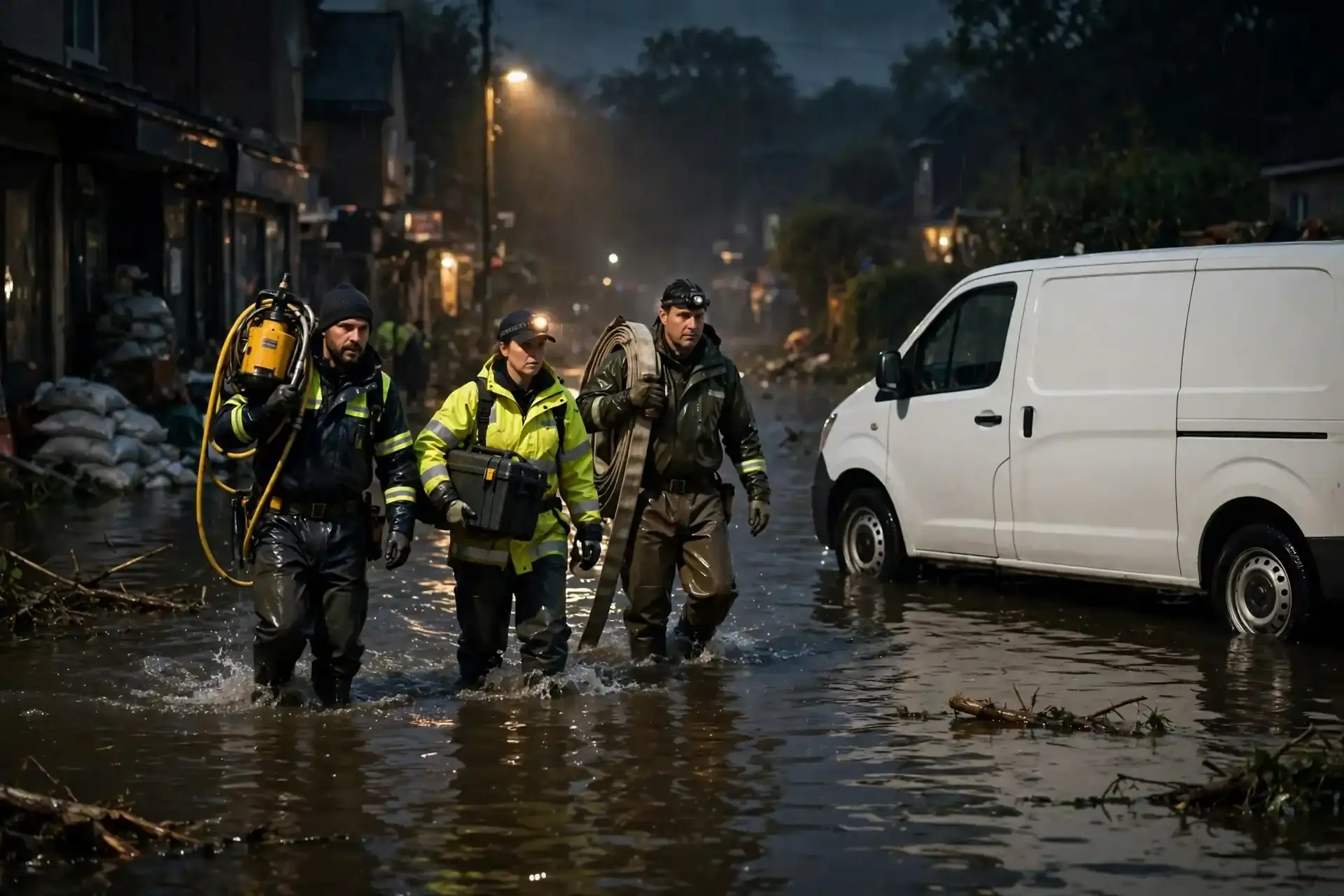 Crest Hill water damage restoration: crew wading through floodwater at night