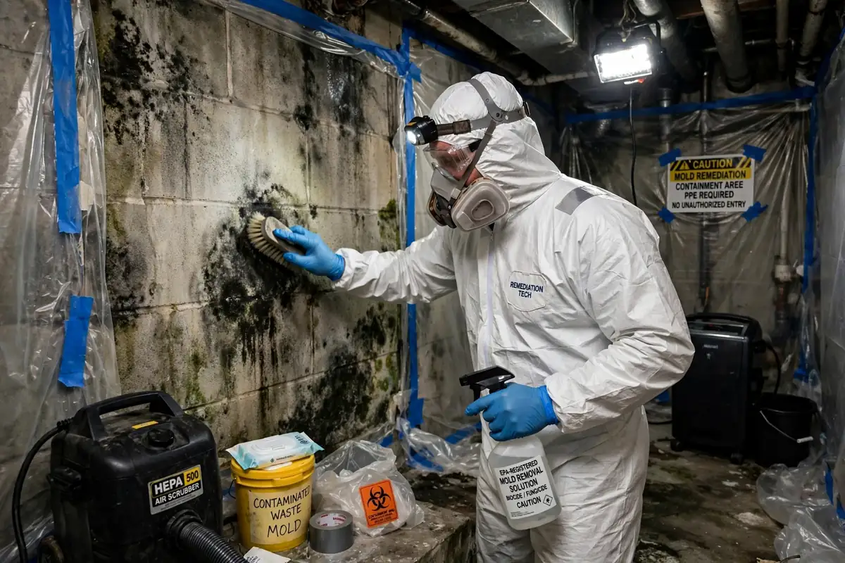 Niles water damage restoration: technician treating mold on a basement wall