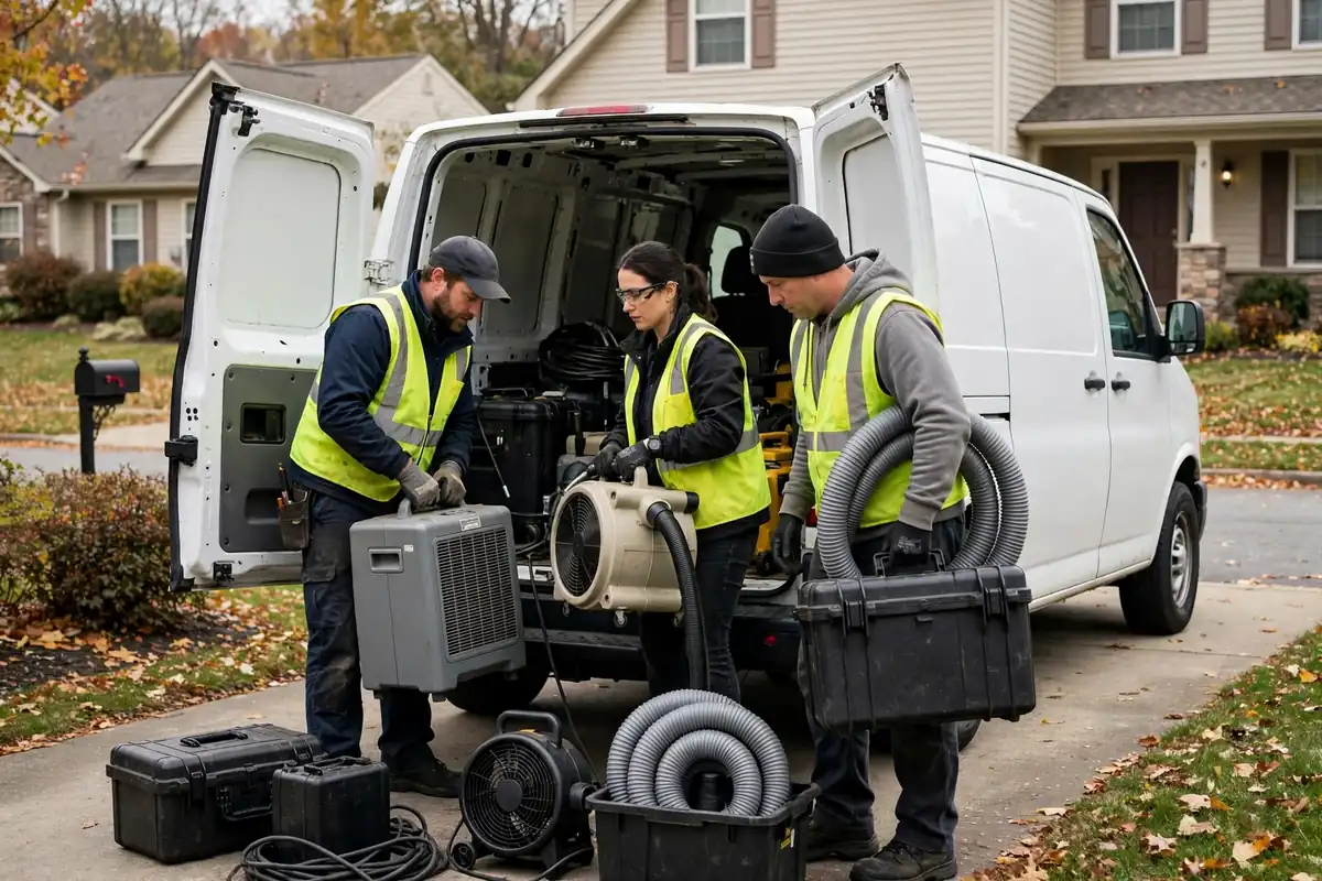 Brookfield water damage restoration: crew unloading restoration equipment from a van