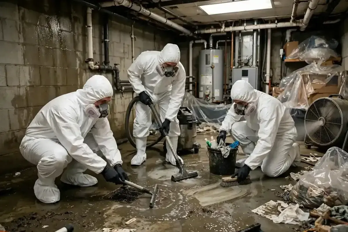 Gurnee water damage restoration: technicians in protective suits cleaning up a sewage backup