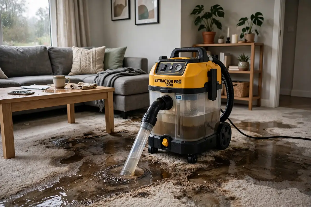 Elk Grove Village water damage restoration: wet vacuum extracting water from a living room floor