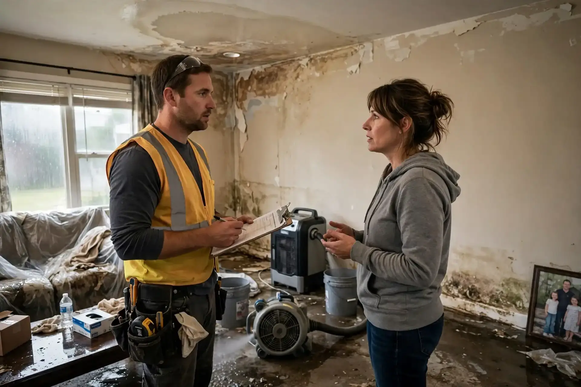 Park Ridge water damage restoration: technician discussing water damage with a homeowner