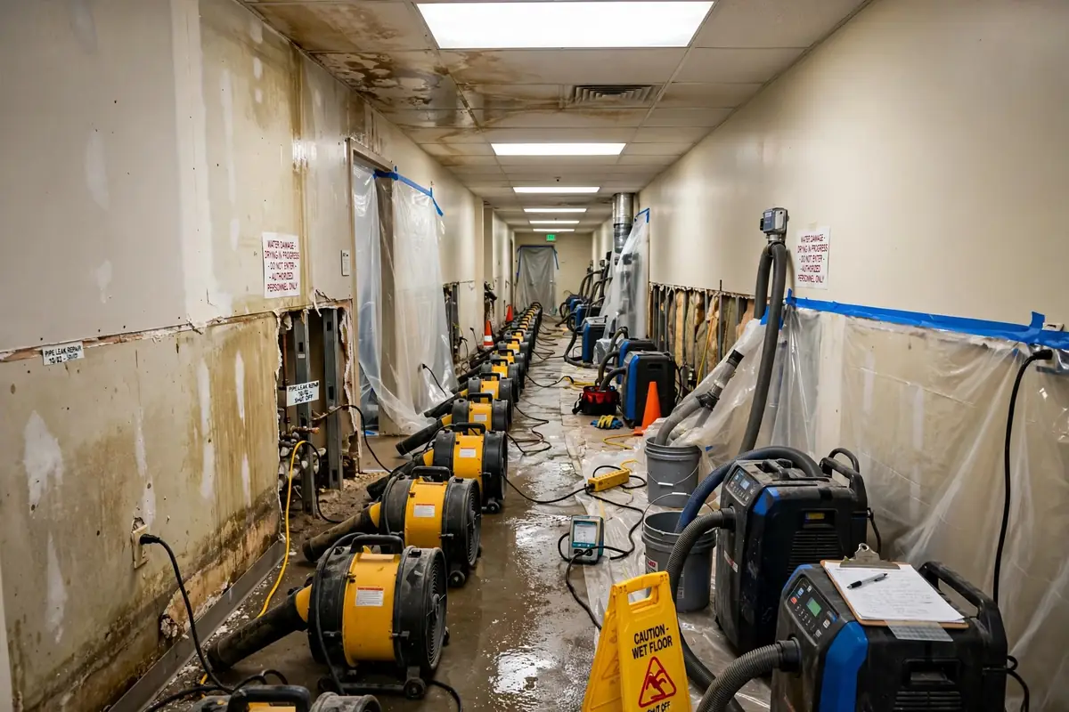 Moline water damage restoration: air movers drying a water-damaged hallway