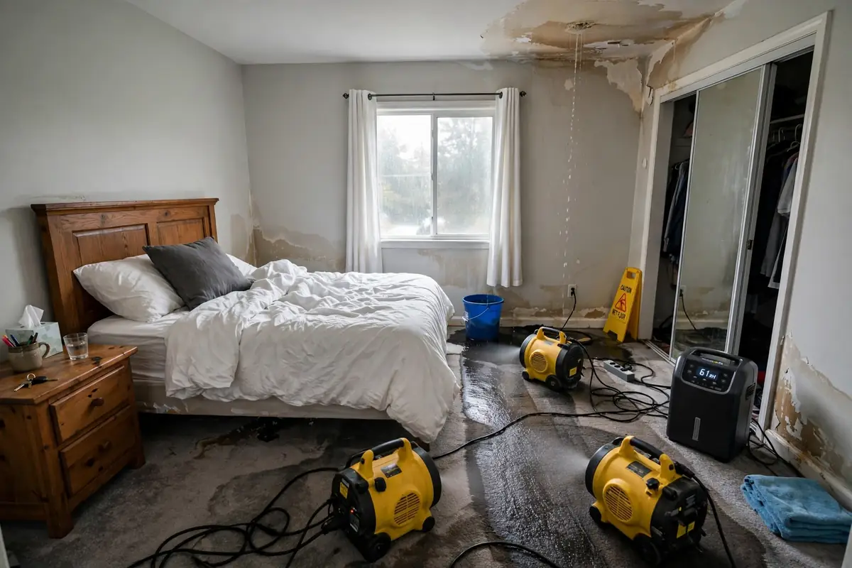 Normal water damage restoration: drying equipment in a water-damaged bedroom
