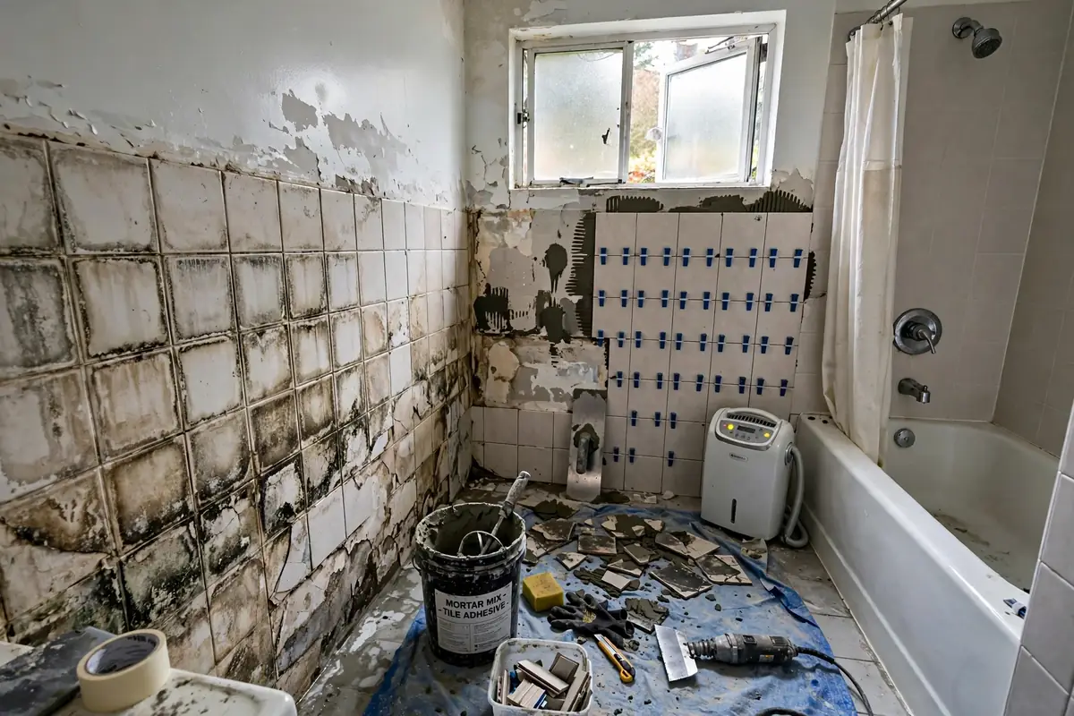 Oswego water damage restoration: bathroom stripped to the studs after water damage