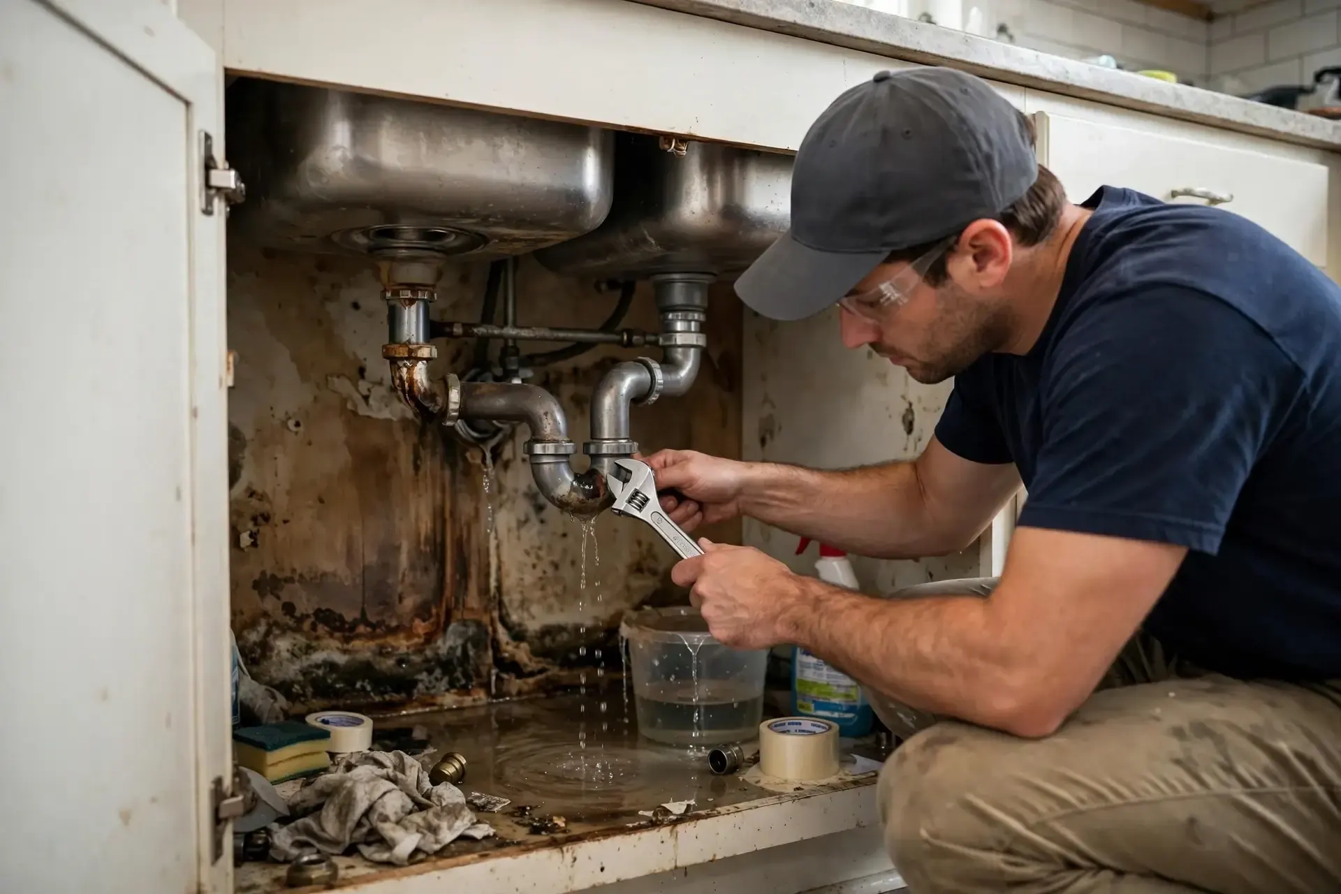 Cicero water damage restoration: technician repairing a leak under a sink