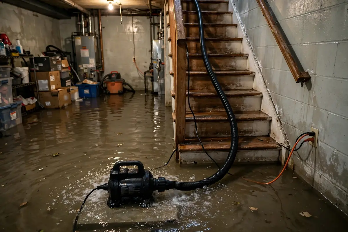 Lemont water damage restoration: pump extracting water from a flooded basement