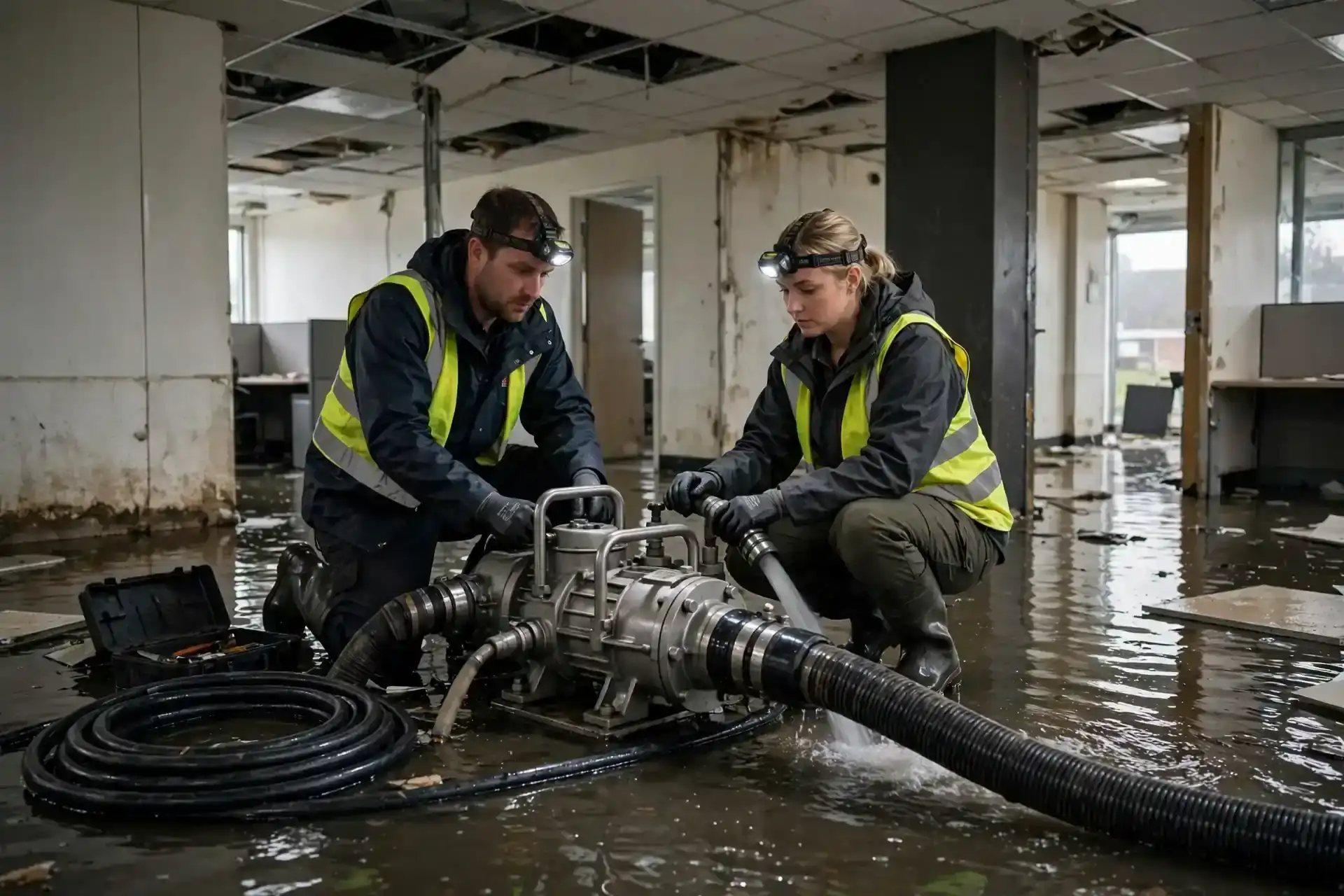 Rogers Park, Chicago water damage restoration: technicians running a pump in a flooded room