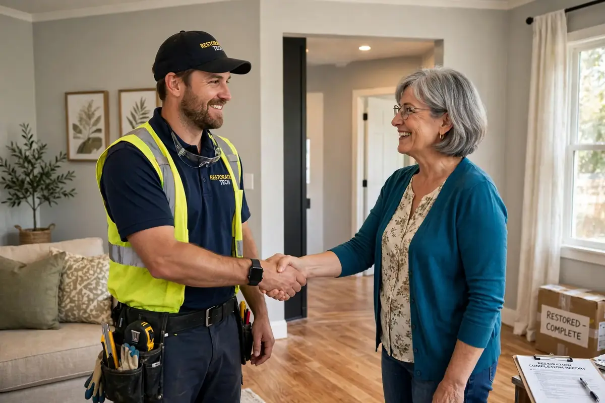 Kewanee water damage restoration: technician shaking hands with a homeowner