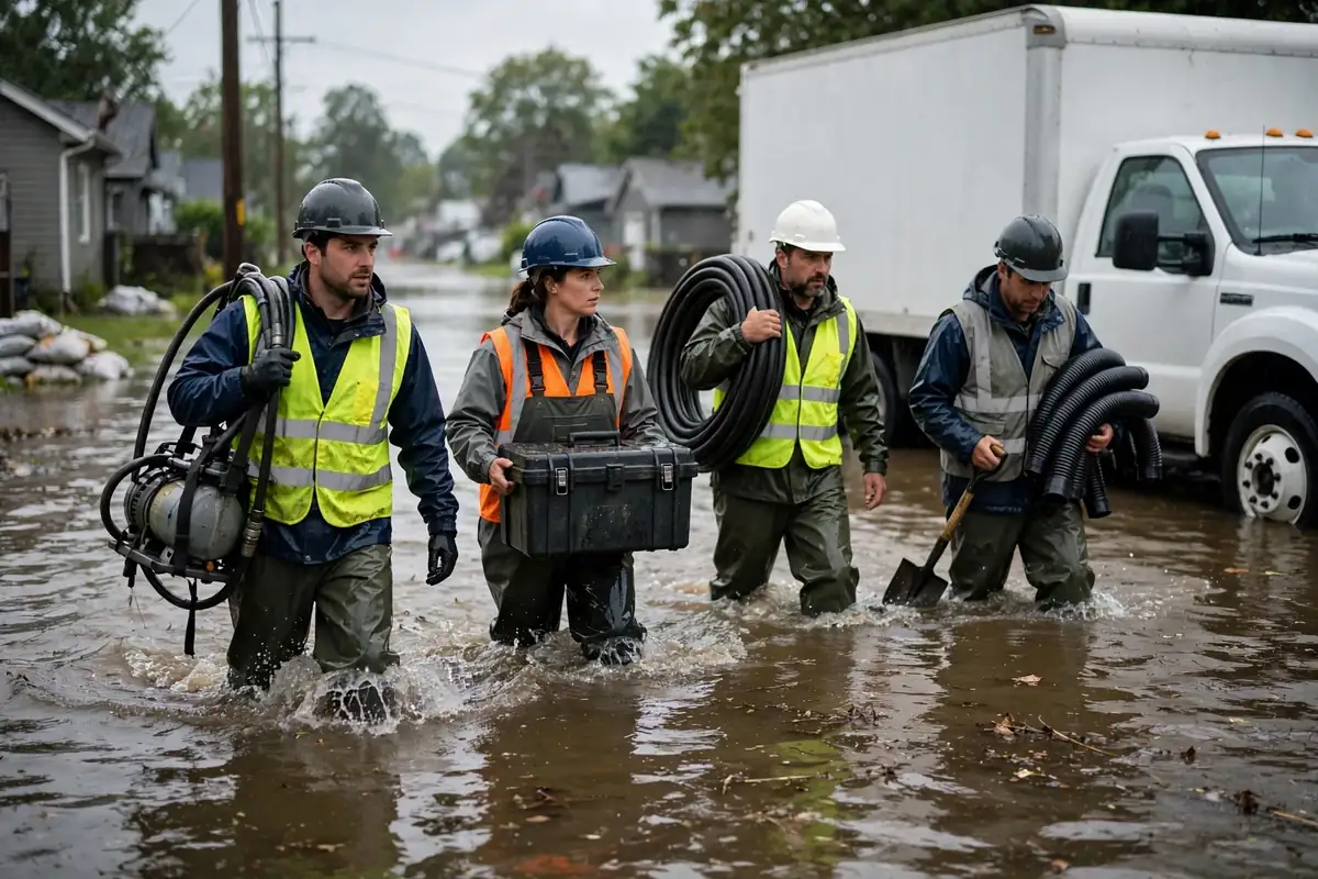 Ottawa water damage restoration: crew wading through floodwater with equipment